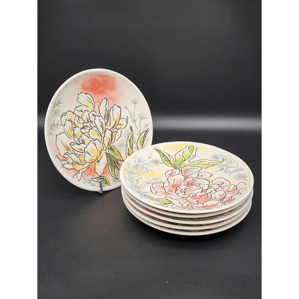 Set of 6 Fitz and Floyd Savannah Home Peony Accent Plates, 5 Yellow 1 Pink, NEW